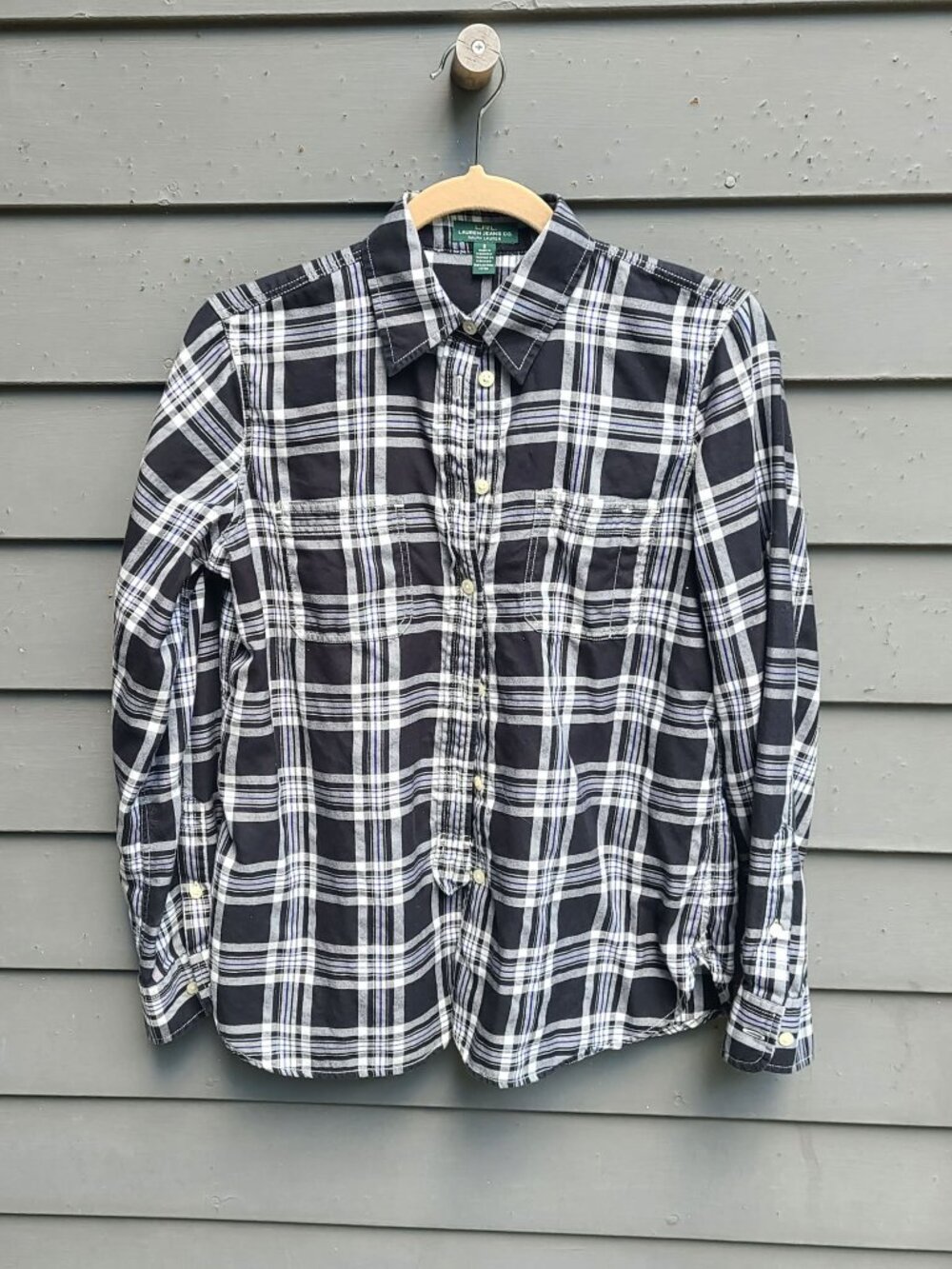 Lauren Ralph Lauren Black White Plaid Cotton Button Down size Small